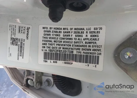 2020 Honda Civic Sport from USA, damaged, VIN 19XFC2F82LE017338